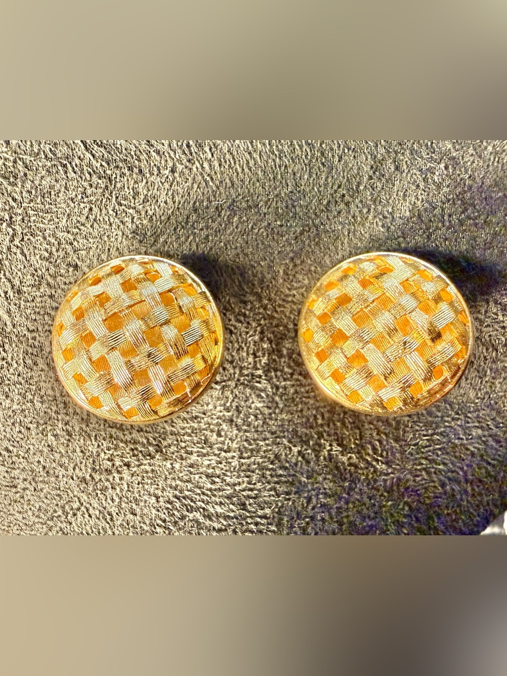 Vintage Signed Monet Gold Tone Basketweave Dome Button Clip On Earrings